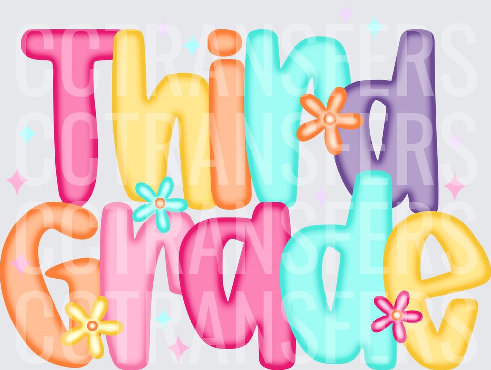Colorful Third Grade Bubble Letters with Flowers (DTF)