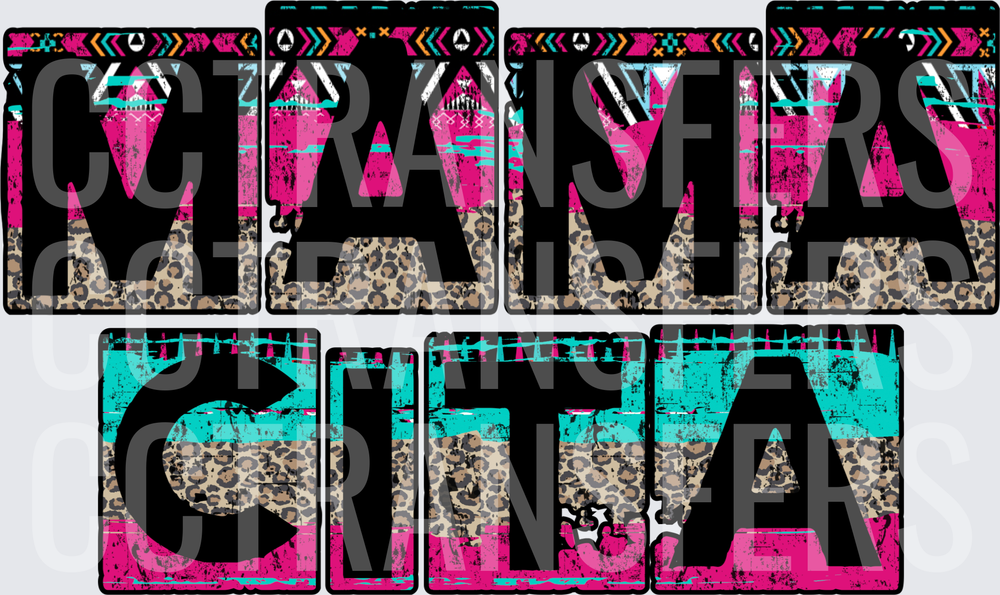 Mamacita Leopard Aztec Pink Teal Grunge Letters (DTF)