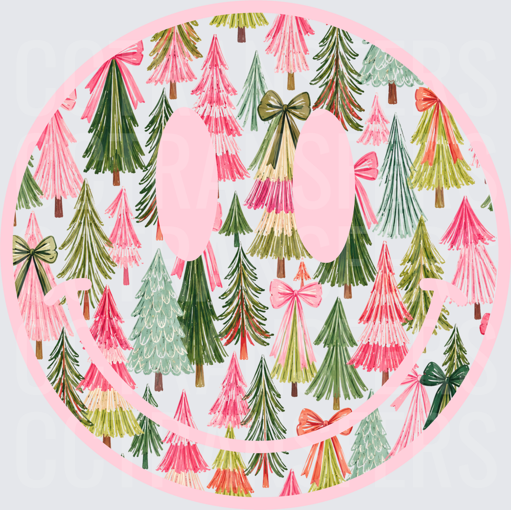 Pink Smiley Face Christmas Trees with Bows Pattern (DTF)