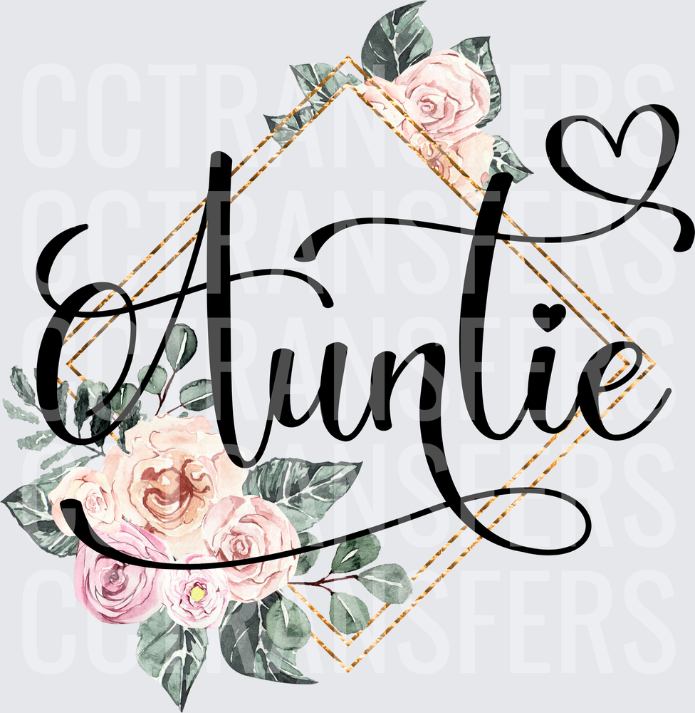 Auntie Script with Gold Diamond Frame and Pink Roses (DTF)