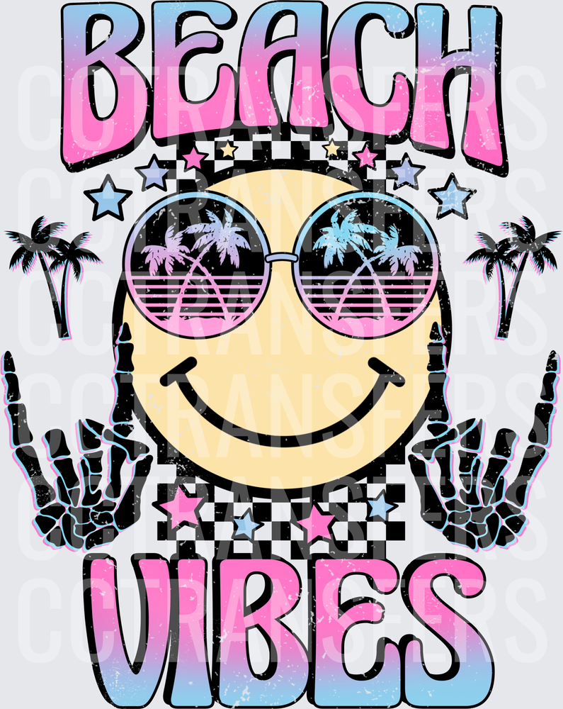 Beach Vibes Smiley Face Skeleton Hands Palm Trees (DTF)