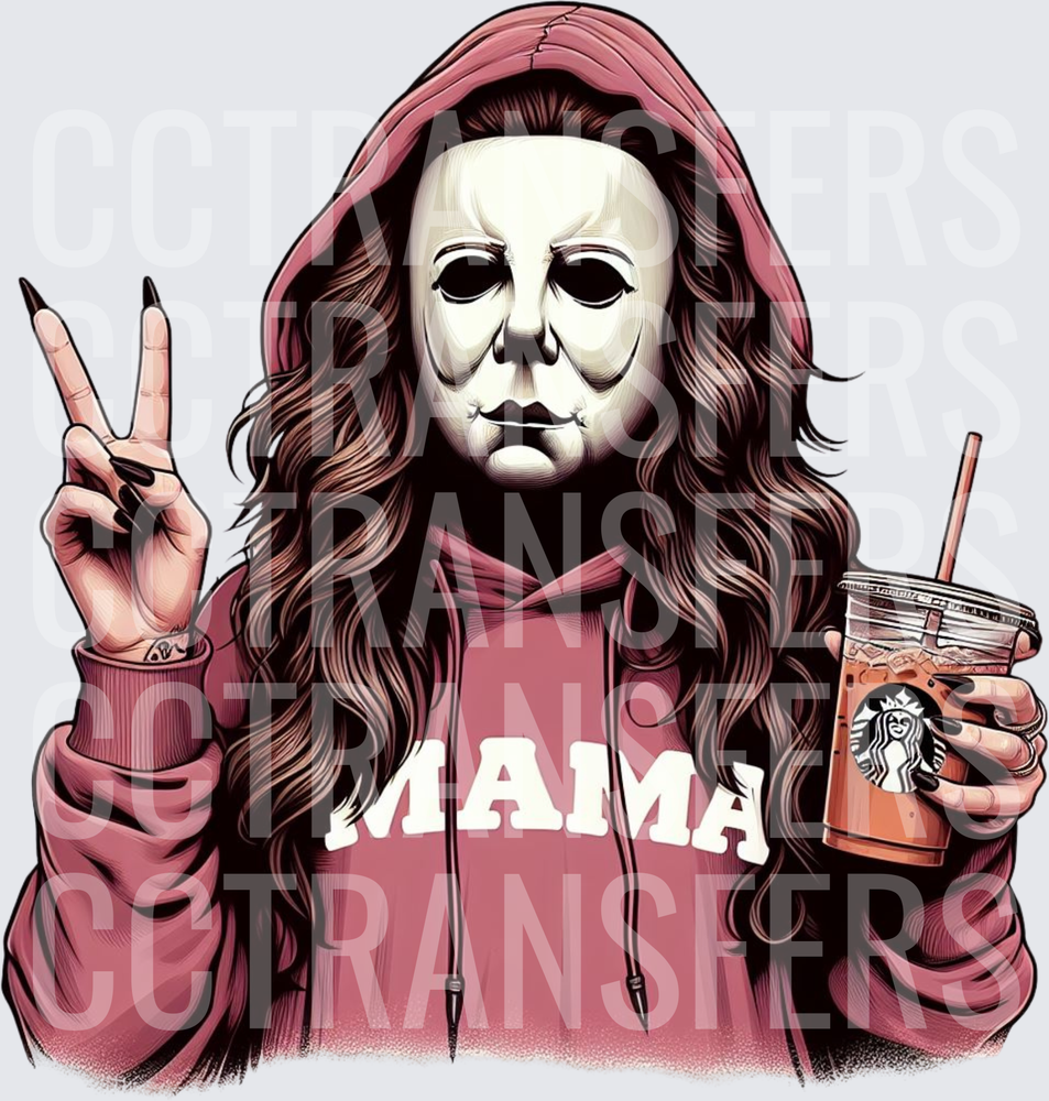 Mama Horror Mask Peace Sign Iced Coffee (DTF)
