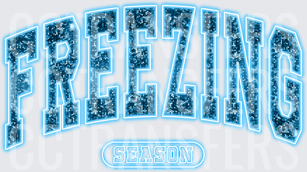 Freezing Season Arched Glitter Neon Blue Varsity Text (DTF)