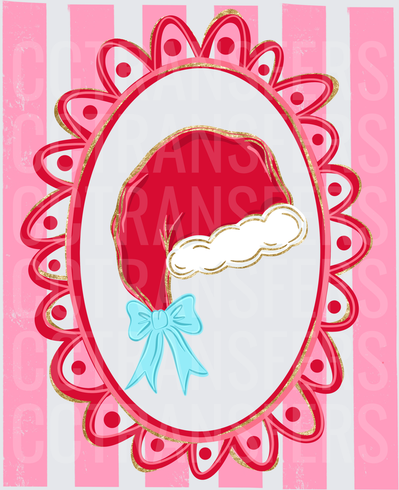 Fancy Cameo Santa Hat with Blue Bow Pink Stripe (DTF)
