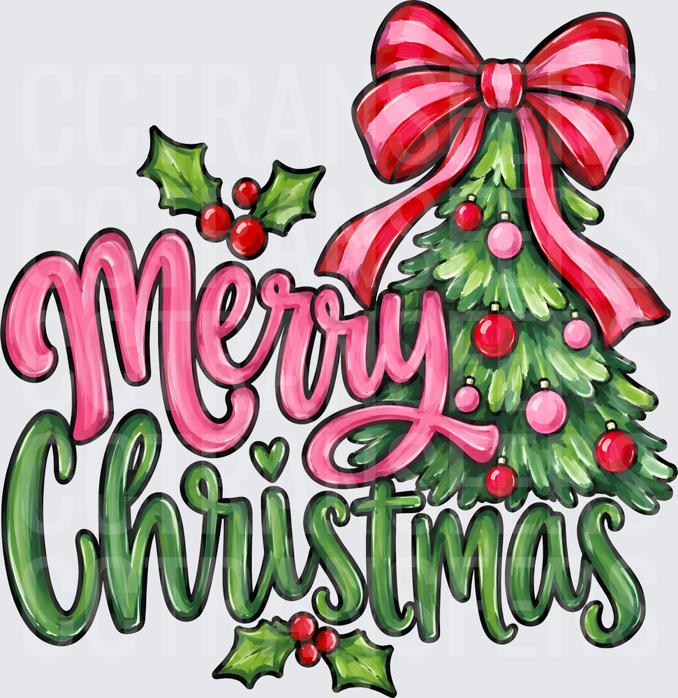 Merry Christmas Tree Pink Red Bow Holly Script (DTF)