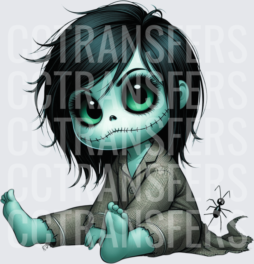 Cute Chibi Gothic Zombie Girl with Spider and Stitched Mouth (DTF)