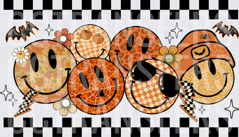 Retro Halloween Smiley Faces Leopard Checker Floral (DTF)