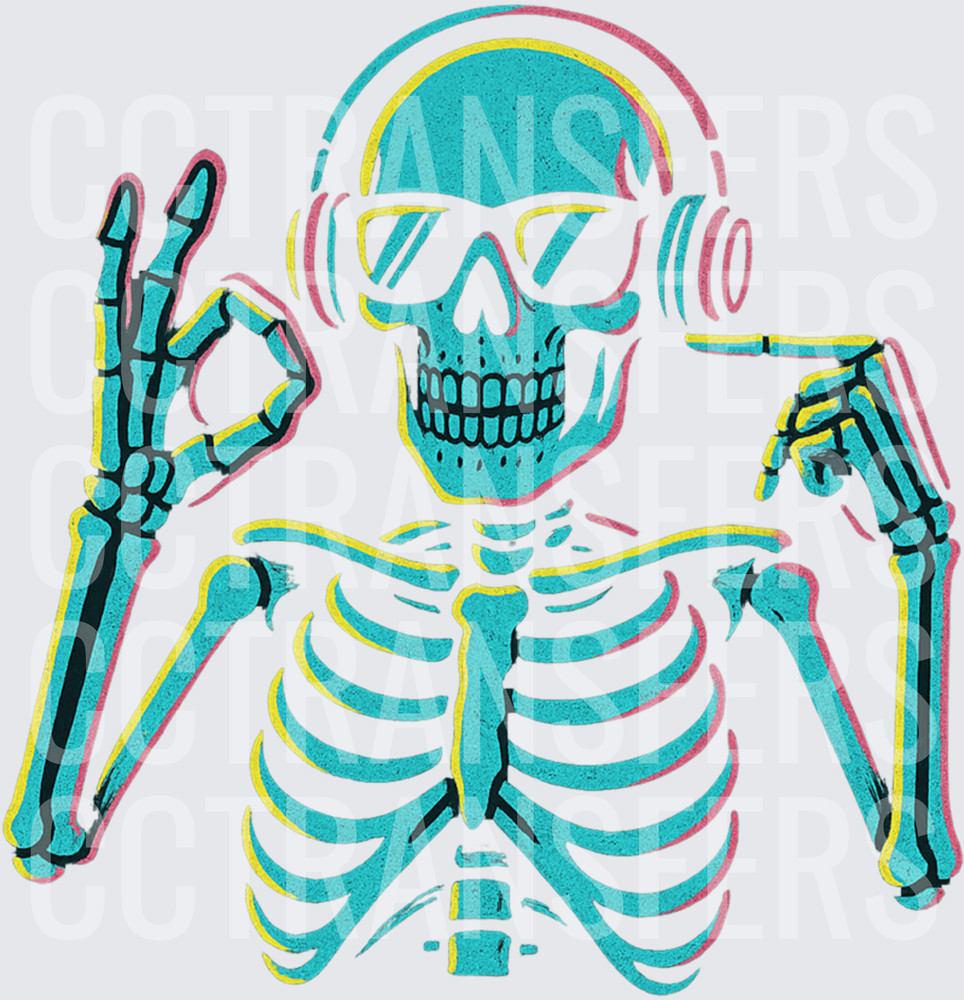 Cool Teal Skeleton With Headphones Sunglasses OK Hand (DTF)