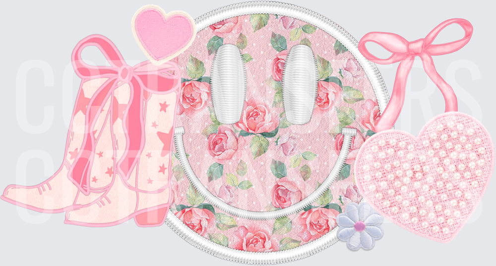 Coquette Floral Smiley Face Cowboy Boots Pink Heart Bow (DTF)