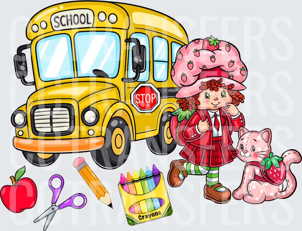 Strawberry Girl Back to School Bus with Cat and Supplies (DTF)