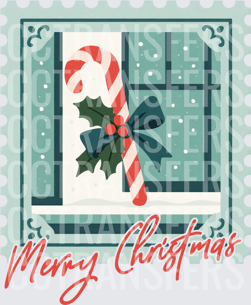 Merry Christmas Candy Cane Holly Bow Postage Stamp (DTF)