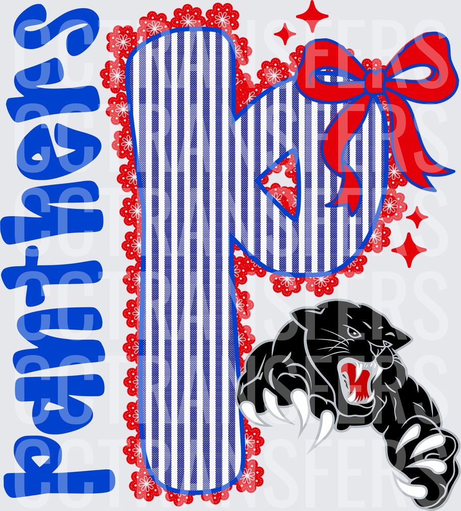 Panthers Letter P Blue Stripe Red Bow Black Cat (DTF)