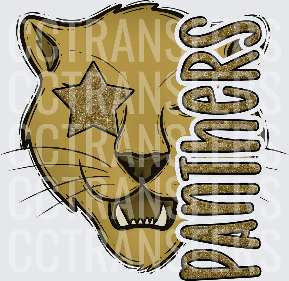 Gold Glitter Panthers Cougar Head with Star Eye (DTF)