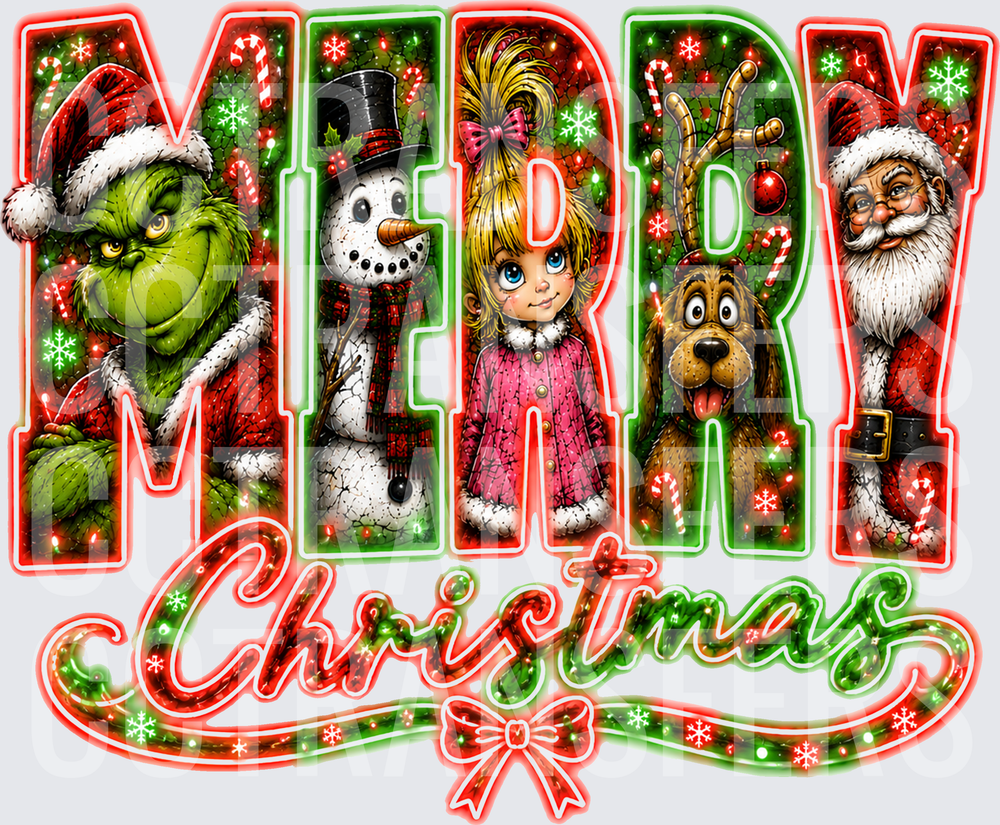 Merry Christmas G-Man Snowman Girl Dog Santa Neon (DTF)