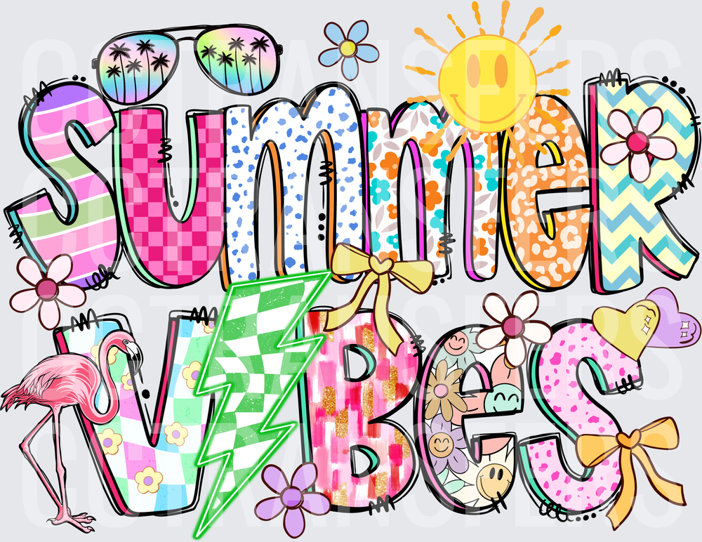Summer Vibes Colorful Patterned Letters Flamingo Sun (DTF)