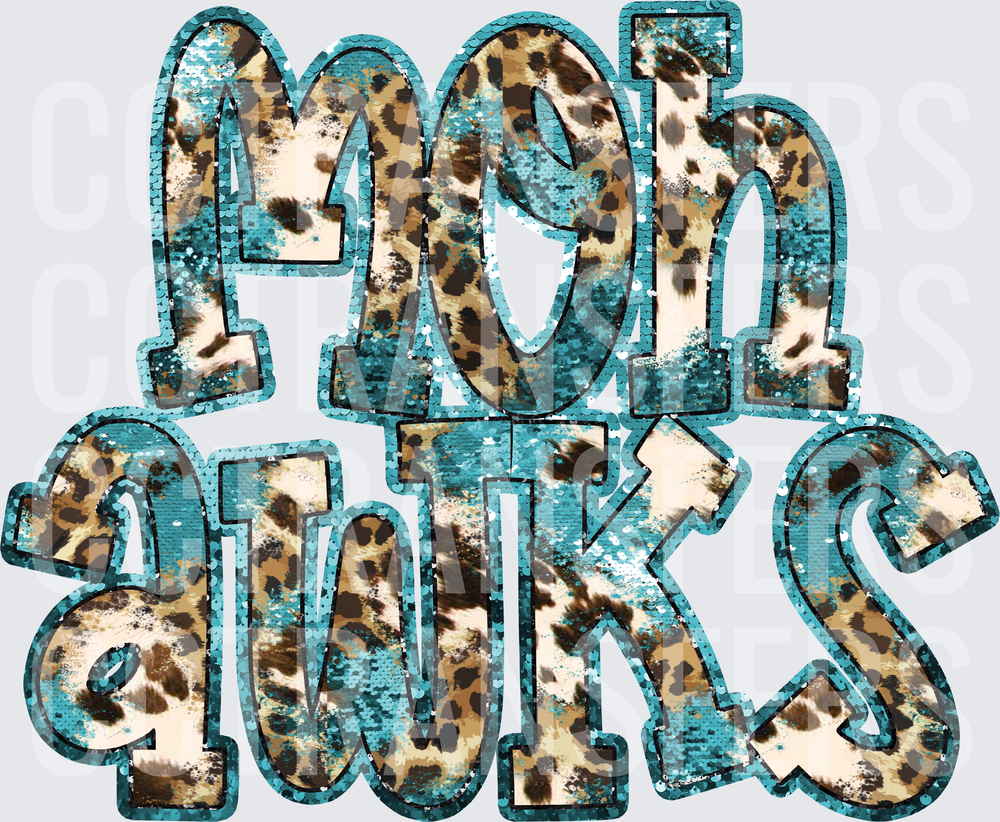 Moh Hawks Teal Sequin Leopard Print Bold Letters (DTF)