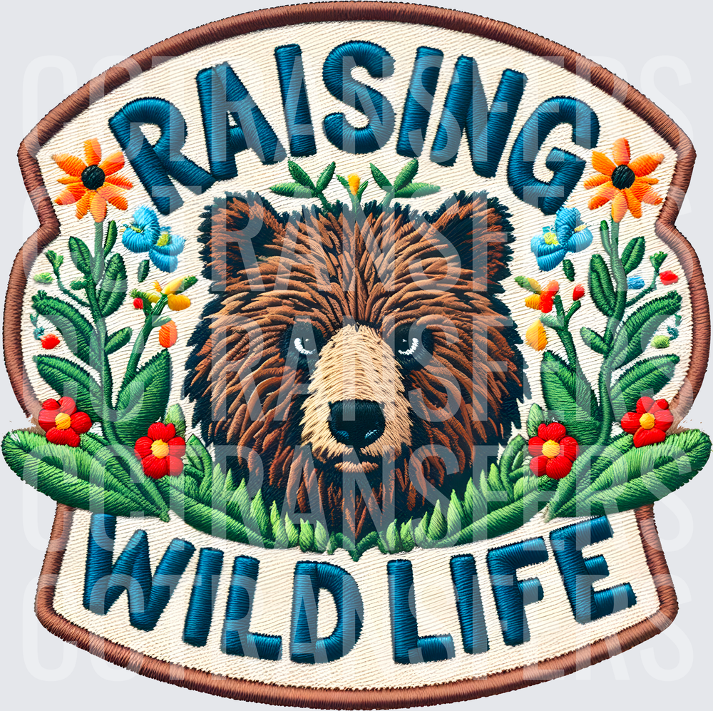 Raising Wild Life Embroidered Bear Floral Patch (DTF)