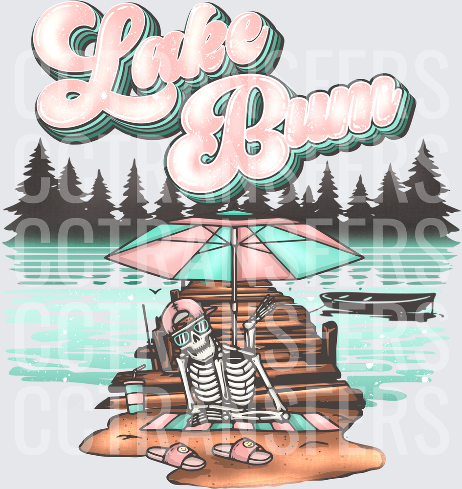 Lake Bum Skeleton Relaxing on Dock with Umbrella (DTF)