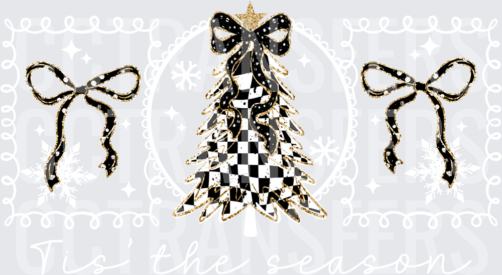 Black Gold Checkered Christmas Tree with Bows (DTF)