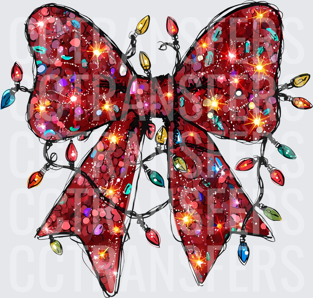 Glitter Red Bow Wrapped in Colorful Christmas Lights (DTF)