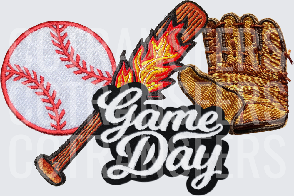 Baseball Game Day Embroidery Patch Set with Flaming Bat (DTF)