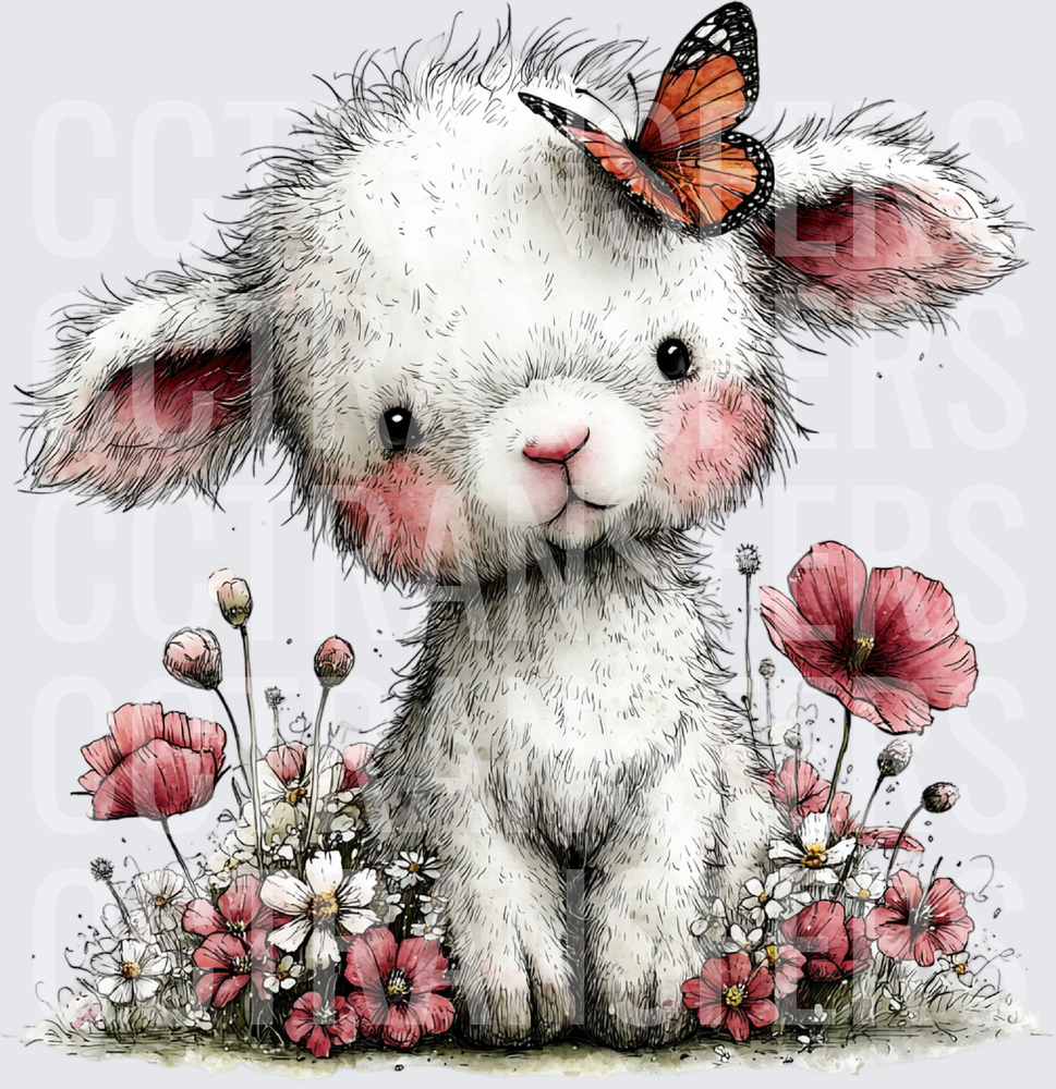 Fluffy White Bunny Monarch Butterfly Pink Wildflowers (DTF)