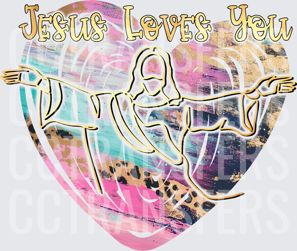 Jesus Loves You Heart Figure Boho Leopard Design (DTF)