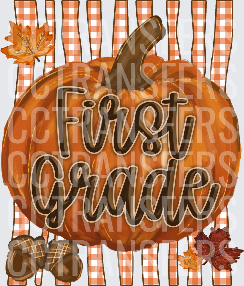 First Grade Fall Pumpkin Plaid Autumn Leaves Acorns (DTF)