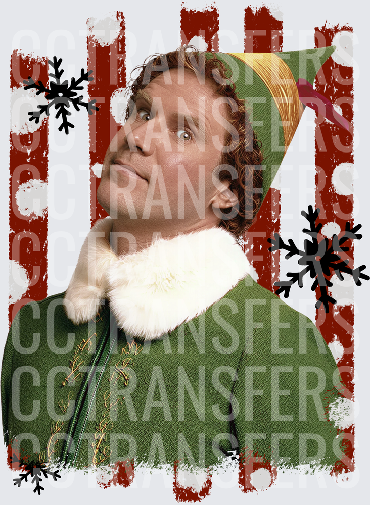 Curly Haired Man in Green Elf Suit Christmas Snowflakes (DTF)
