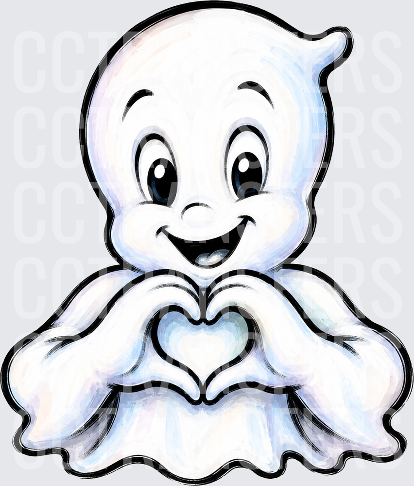Friendly Cartoon Ghost Making Heart Hand Gesture (DTF)