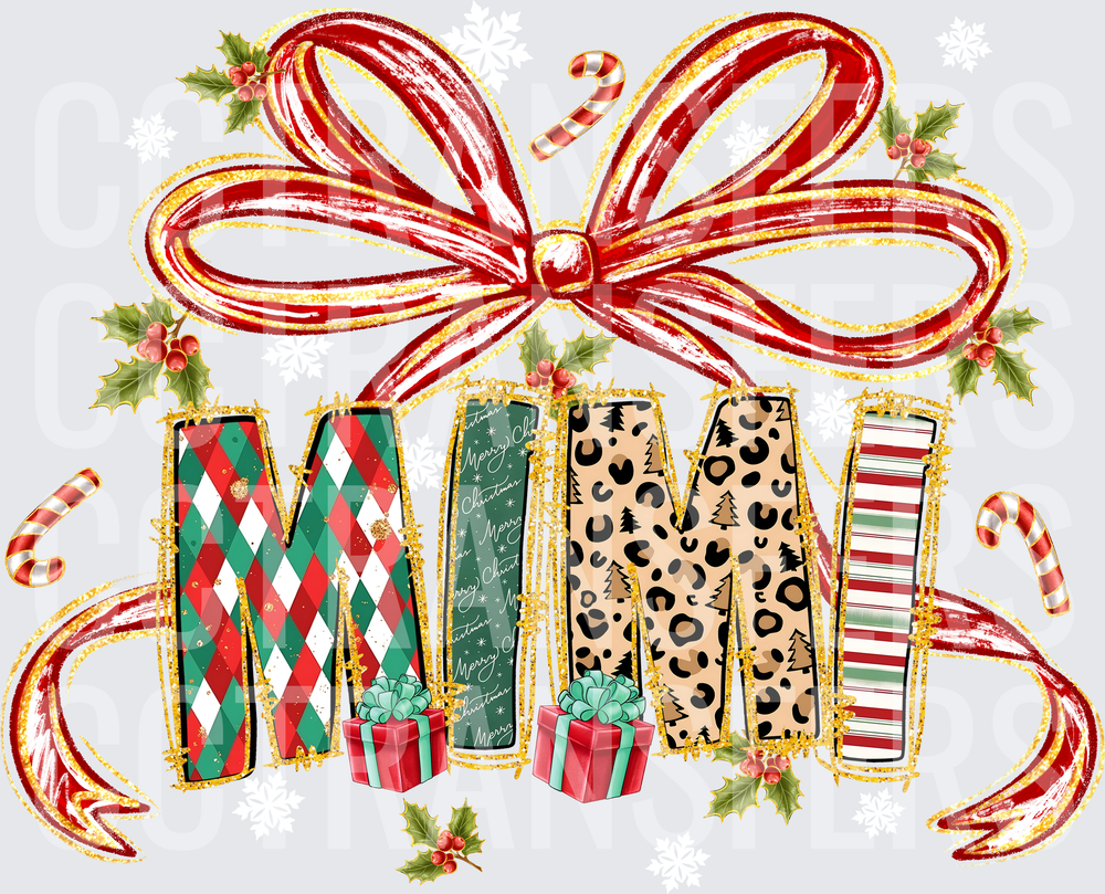 Mimi Christmas Bow Leopard Plaid Stripes Holiday (DTF)