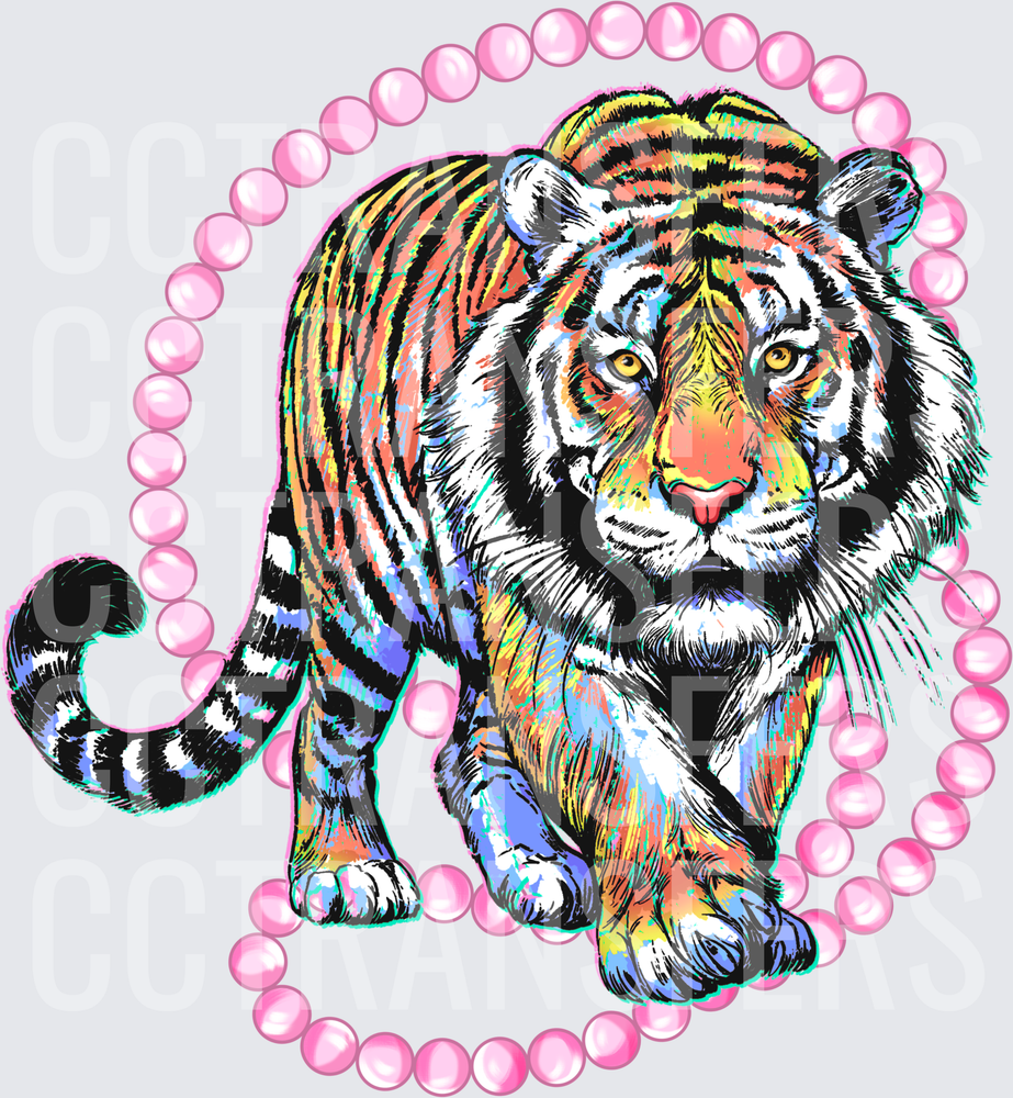 Colorful Tiger Stalking Forward Pink Pearl Beads (DTF)