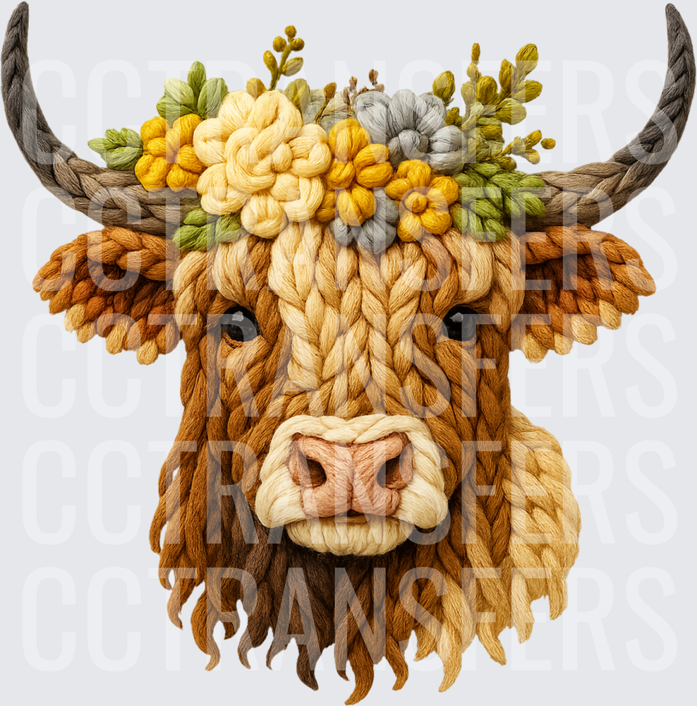 Yarn Art Highland Cow Floral Crown Portrait (DTF)