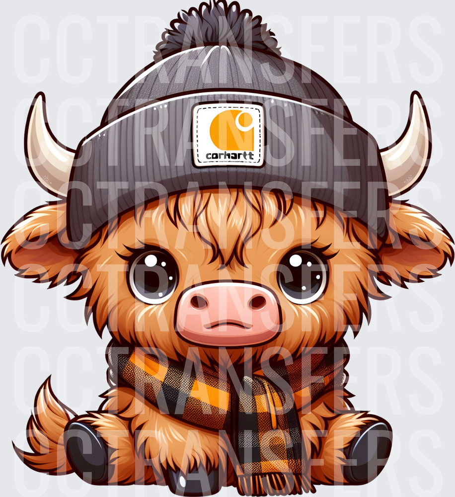 Cute Baby Highland Cow Gray Pom Beanie Plaid Scarf (DTF)