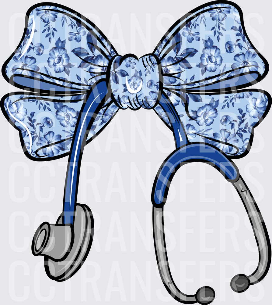 Blue Floral Bow Stethoscope Nurse (DTF)