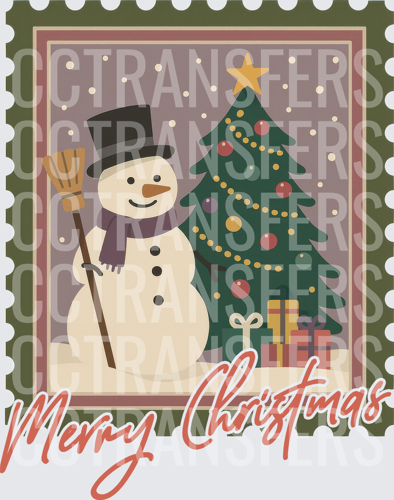 Merry Christmas Vintage Stamp Snowman & Tree (DTF)