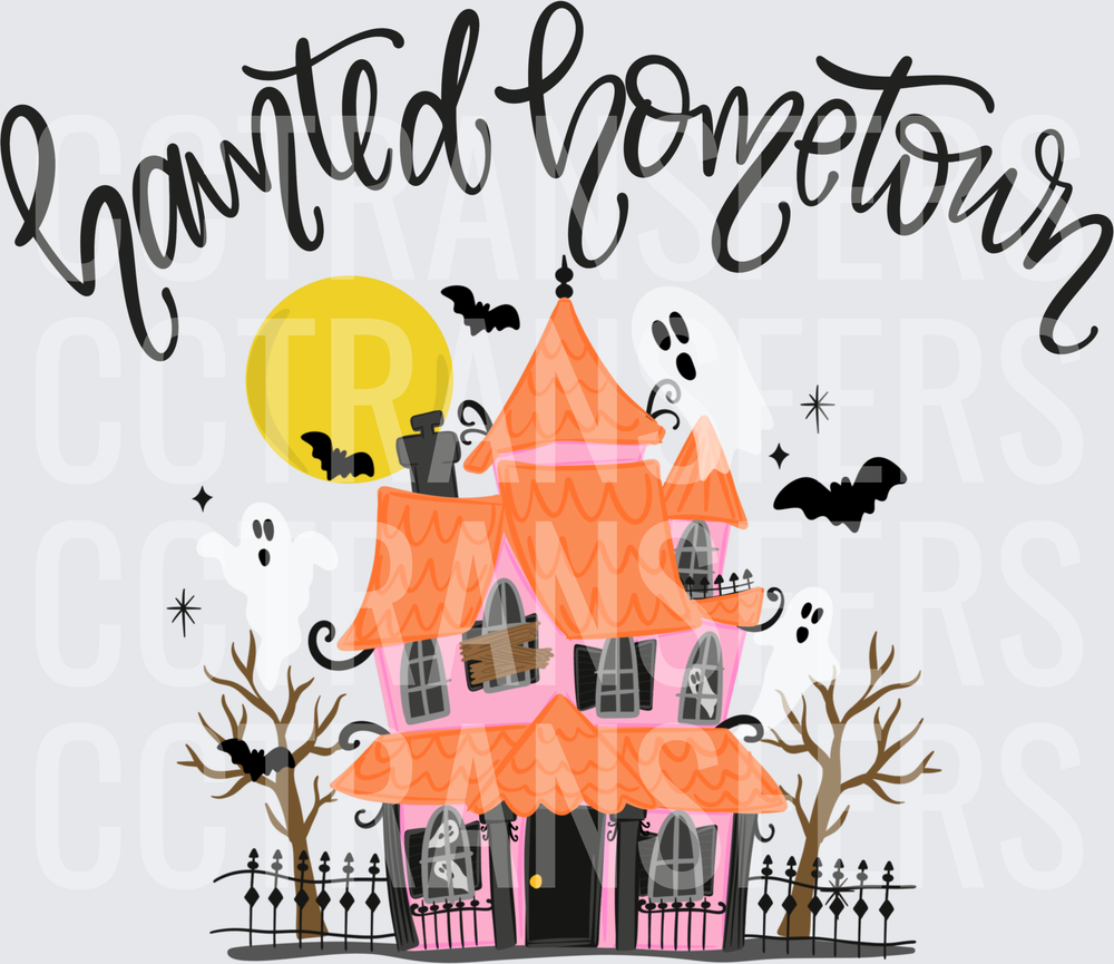 Haunted Hometown Spooky House Full Moon Bats Halloween (DTF)