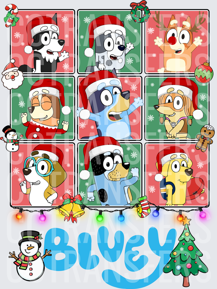 Bluey Christmas Holiday Character Grid Santa Hats (DTF)