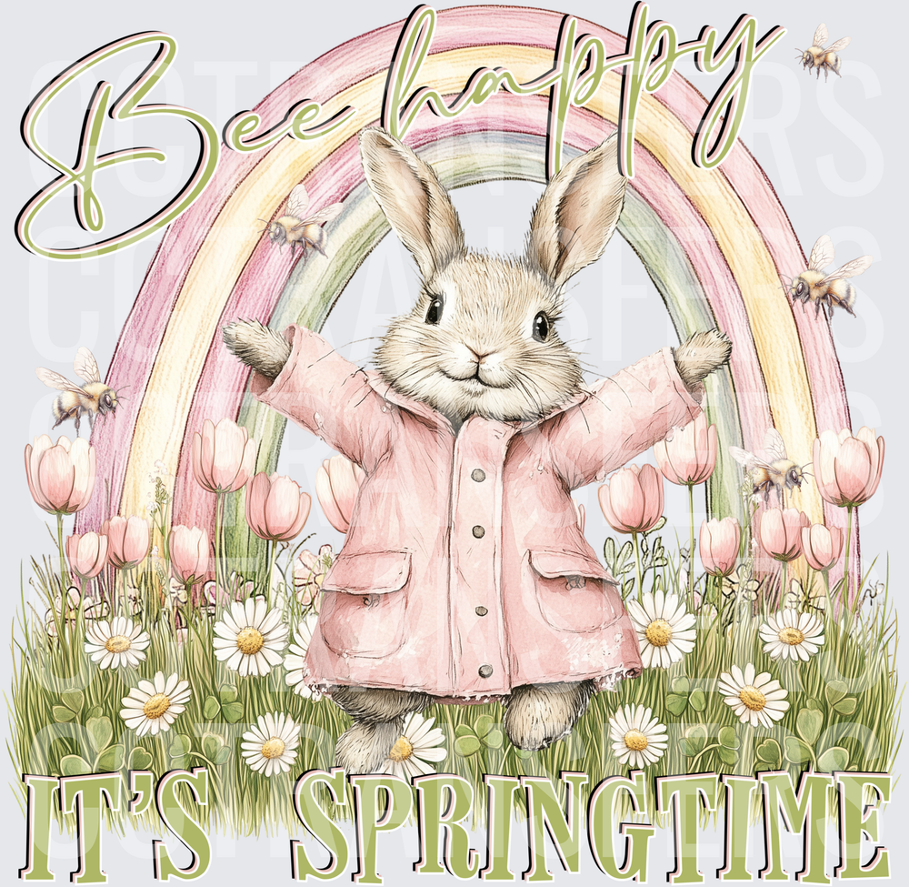 Bee Happy It's Springtime Bunny Rainbow Flowers (DTF)
