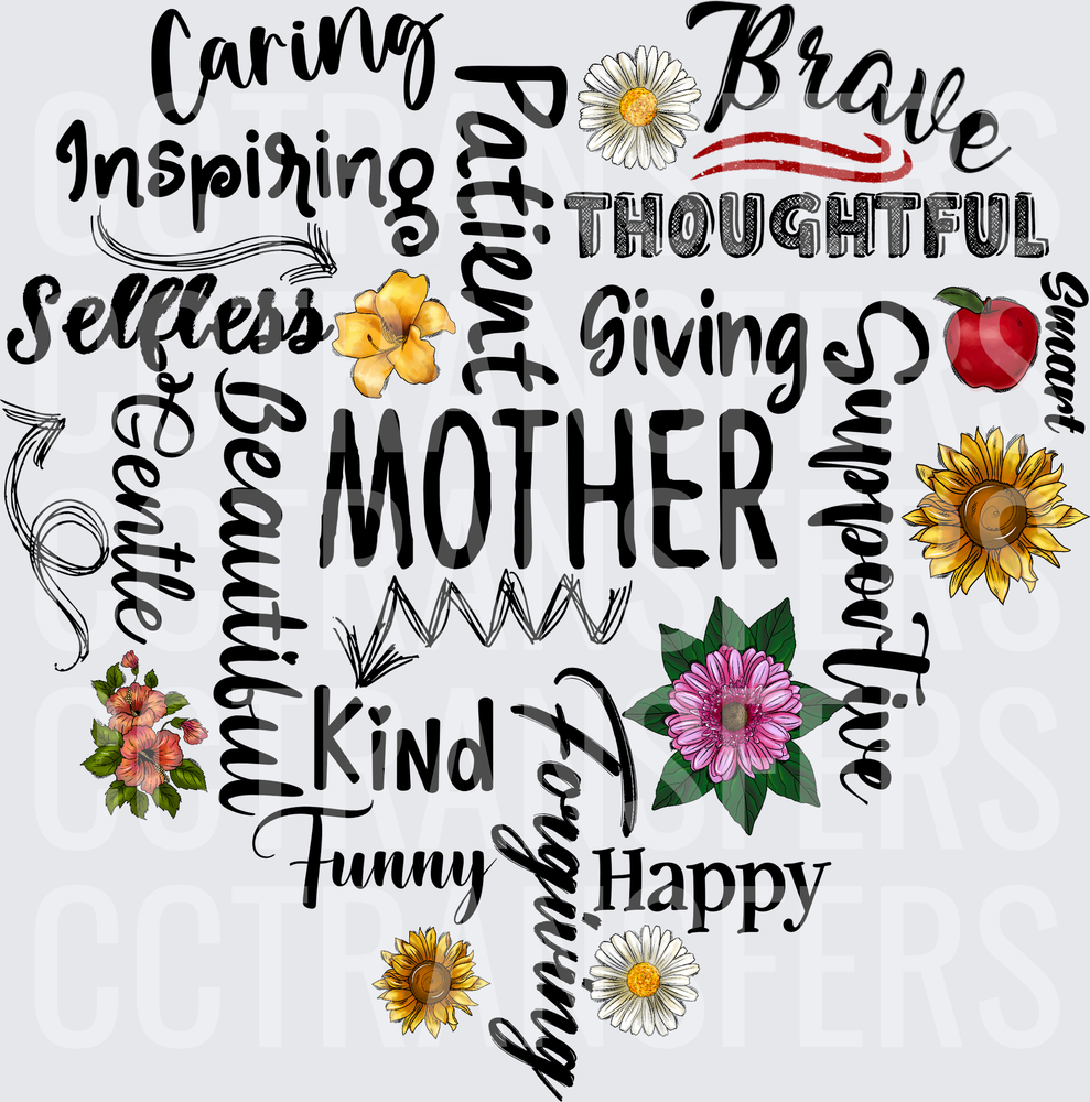Mother Heart Word Cloud Floral Typography (DTF)