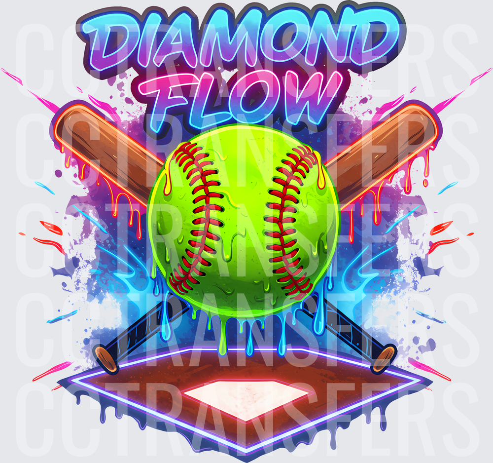 Diamond Flow Neon Drip Softball Crossed Bats Home Plate (DTF)