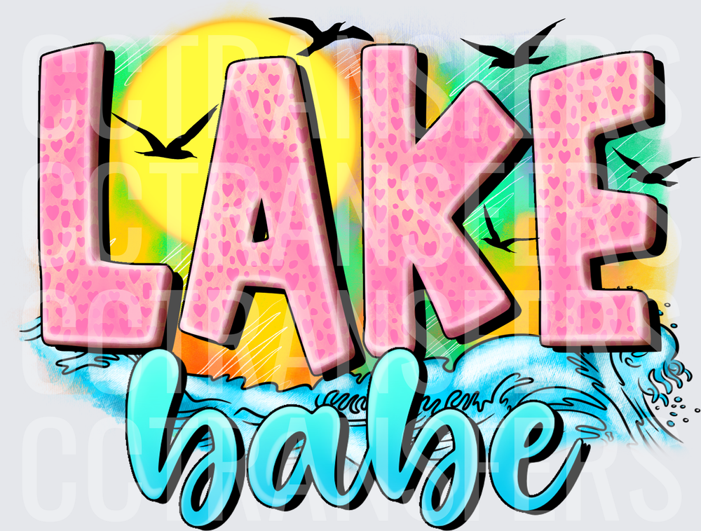 Lake Babe Pink Hearts Bold Letters Sunset Waves Birds (DTF)