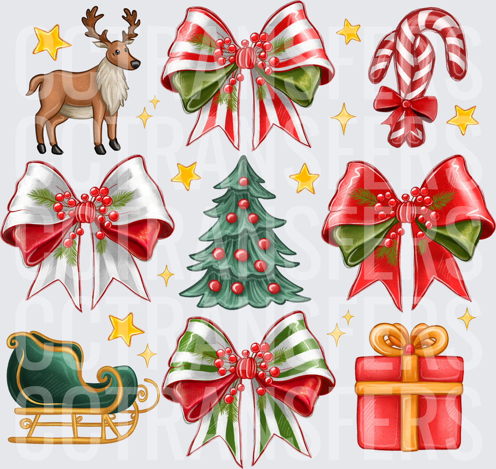 Christmas Holiday Icons Bows Reindeer Sleigh Gift Set (DTF)