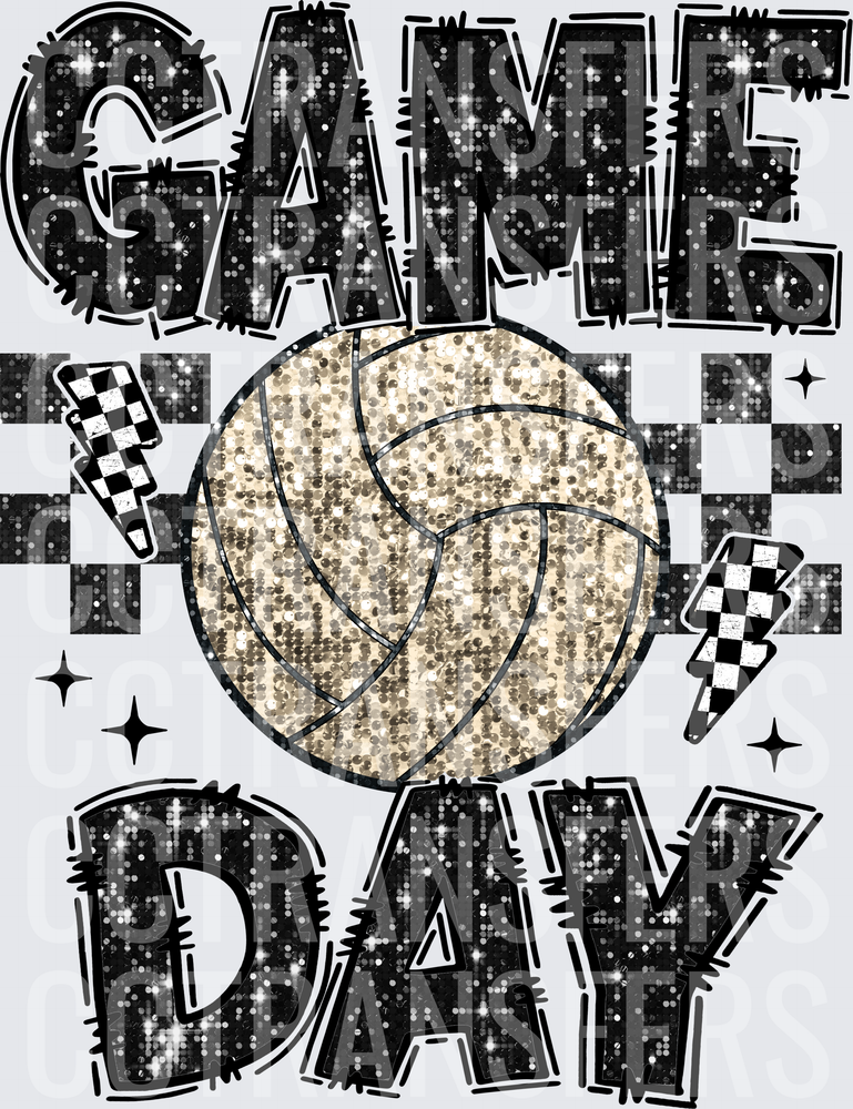 Game Day Glitter Volleyball Checkered Lightning Bolt (DTF)