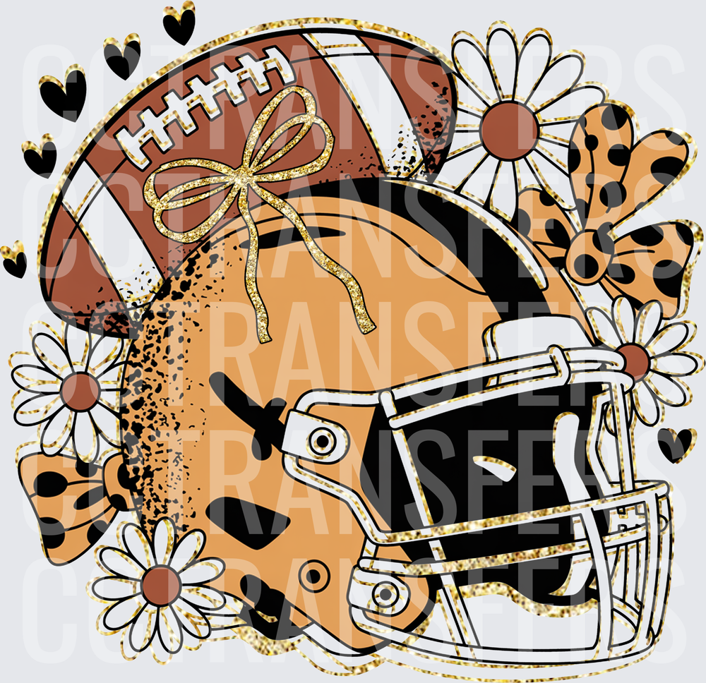 Gold & Black Football Helmet Daisies Leopard Bow Glitter (DTF)