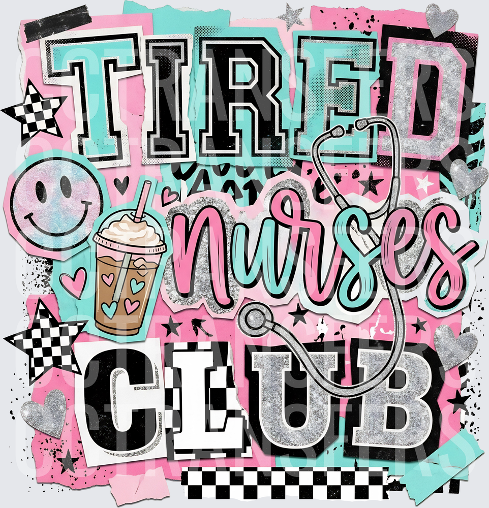 Tired Nurses Club Retro Collage Pink Teal Stethoscope (DTF)