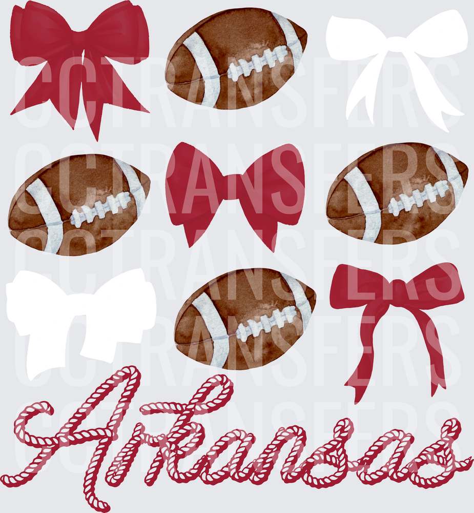 Arkansas Footballs and Red Bows Watercolor (DTF)