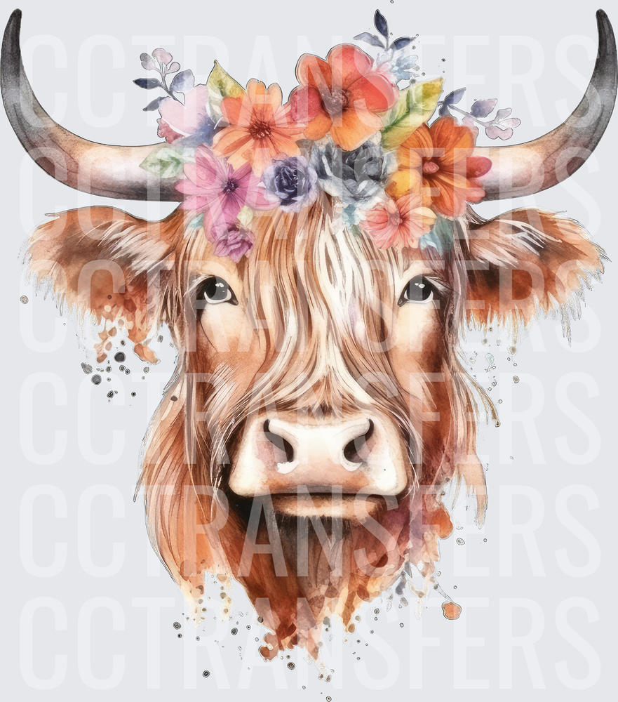 Watercolor Highland Cow Floral Crown Boho (DTF)