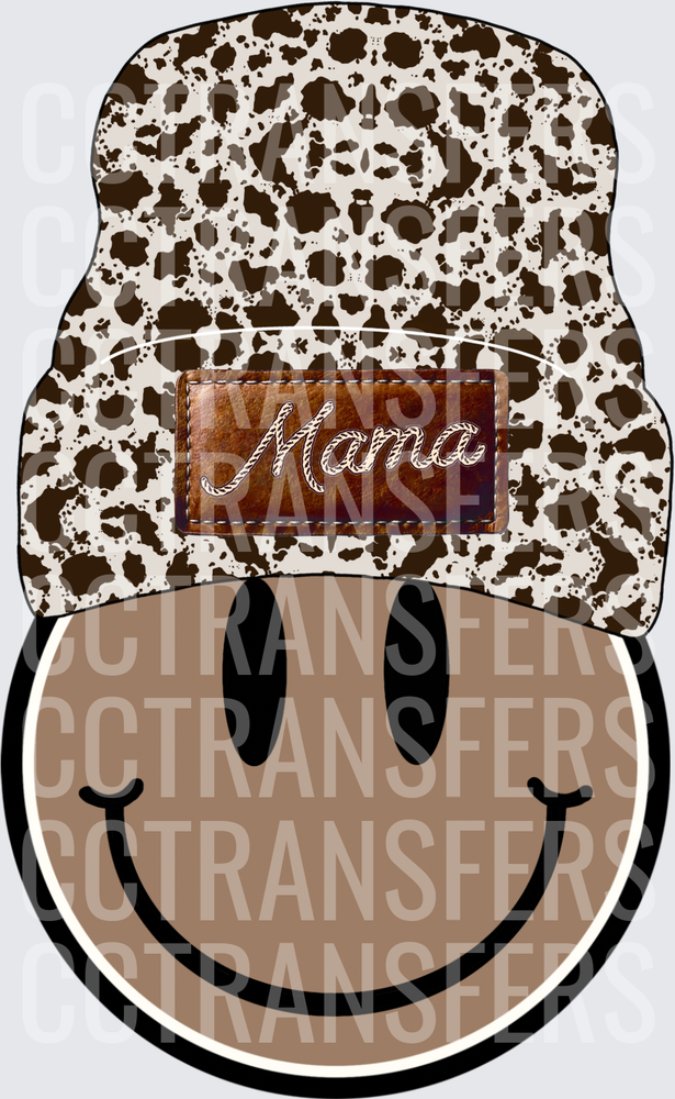 Mama Cow Print Beanie Smiley Face (DTF)