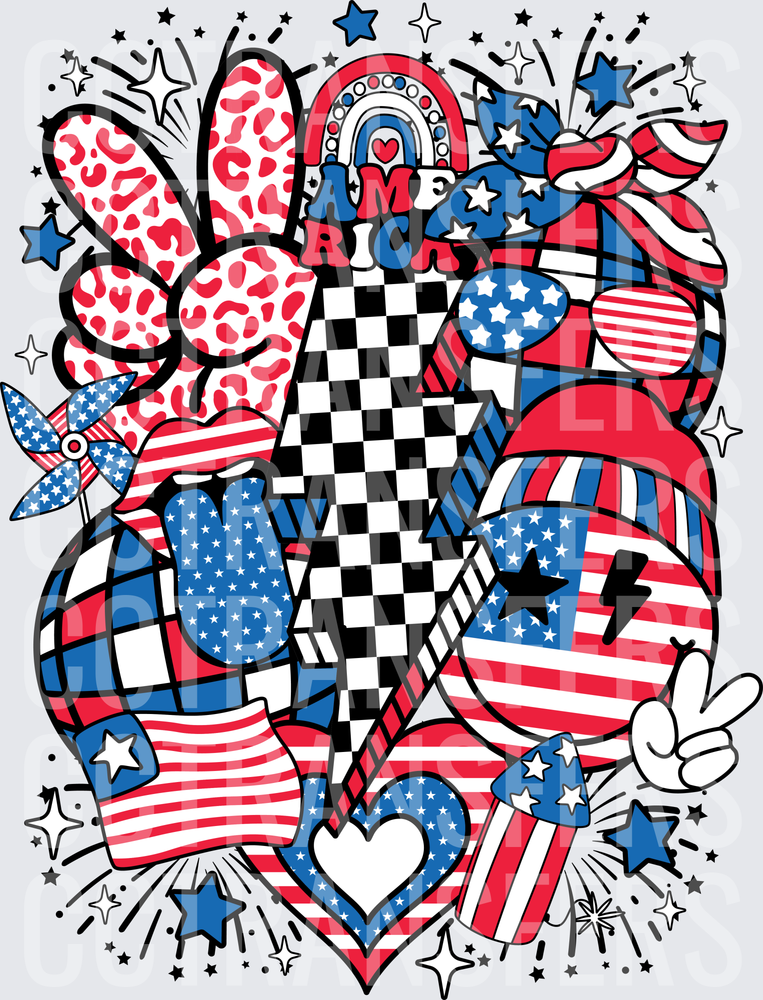 America Patriotic Collage Red White Blue Retro Groovy (DTF)